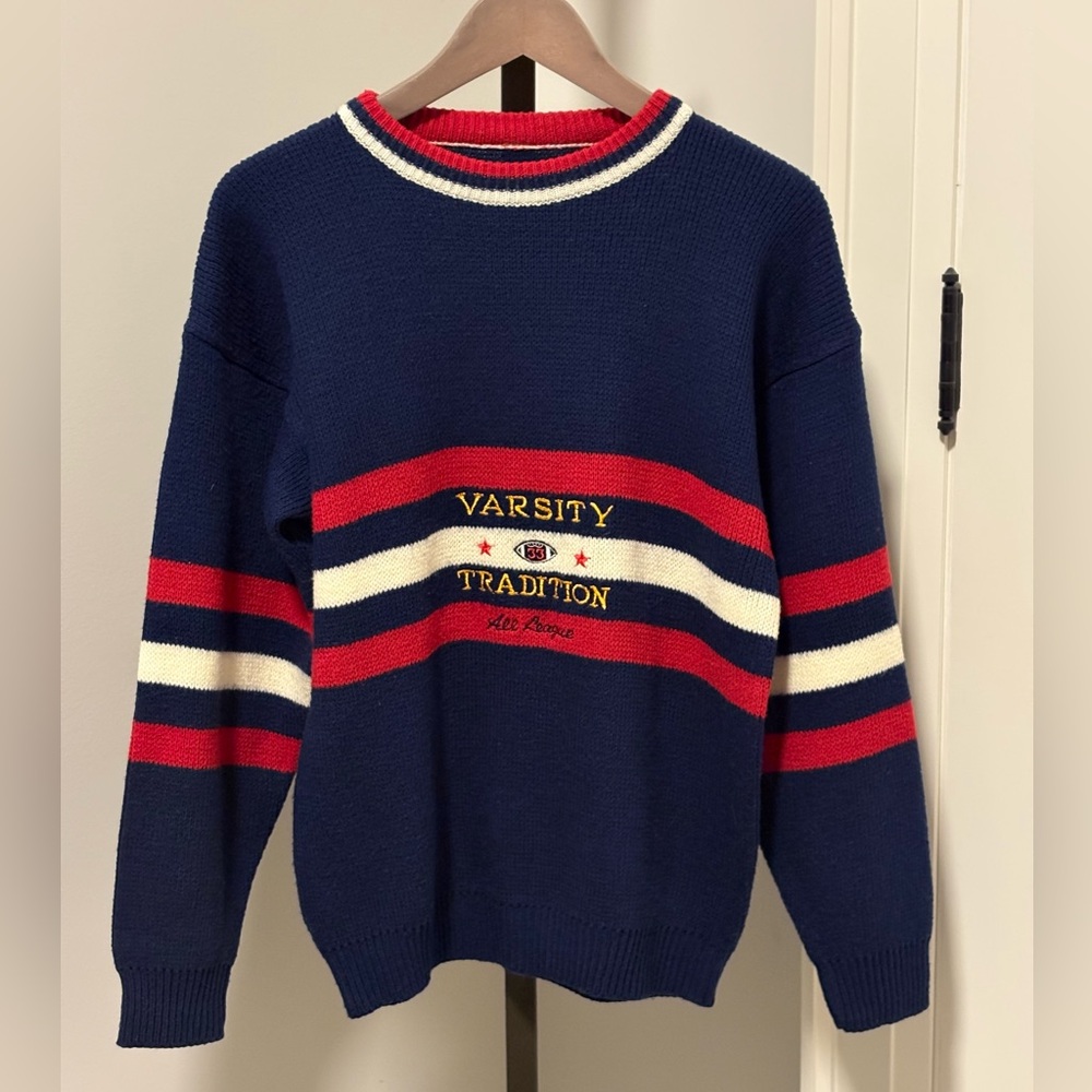 Vintage Varsity Tradition Knit Sweater Preppy Sporty Stripe Crewneck Unisex S M